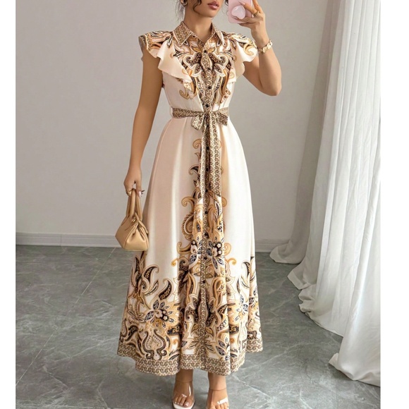 Boho Paisley Print Butterfly Sleeve Button Down Belted Maxi Dress - Picture 5 of 5